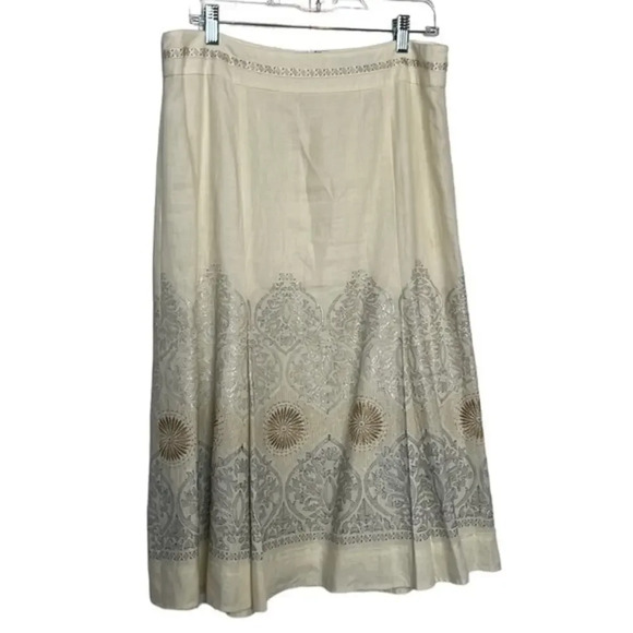 Gorgeous Unique New Per Se Silk/Linen Skirt Cream w/ Gold/Silver Design Size 10 - Picture 1 of 11